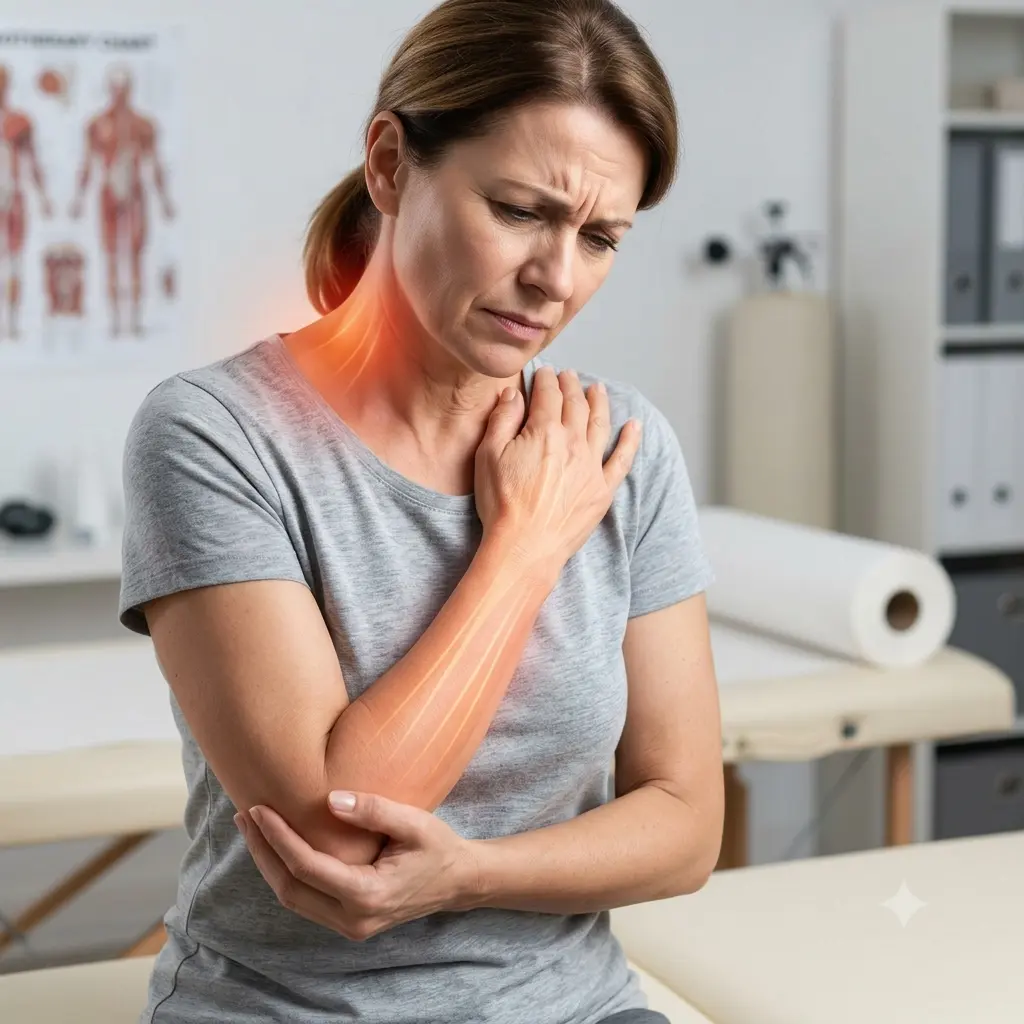 Patient information image showing cervical disc herniation and pain radiating to the arm.