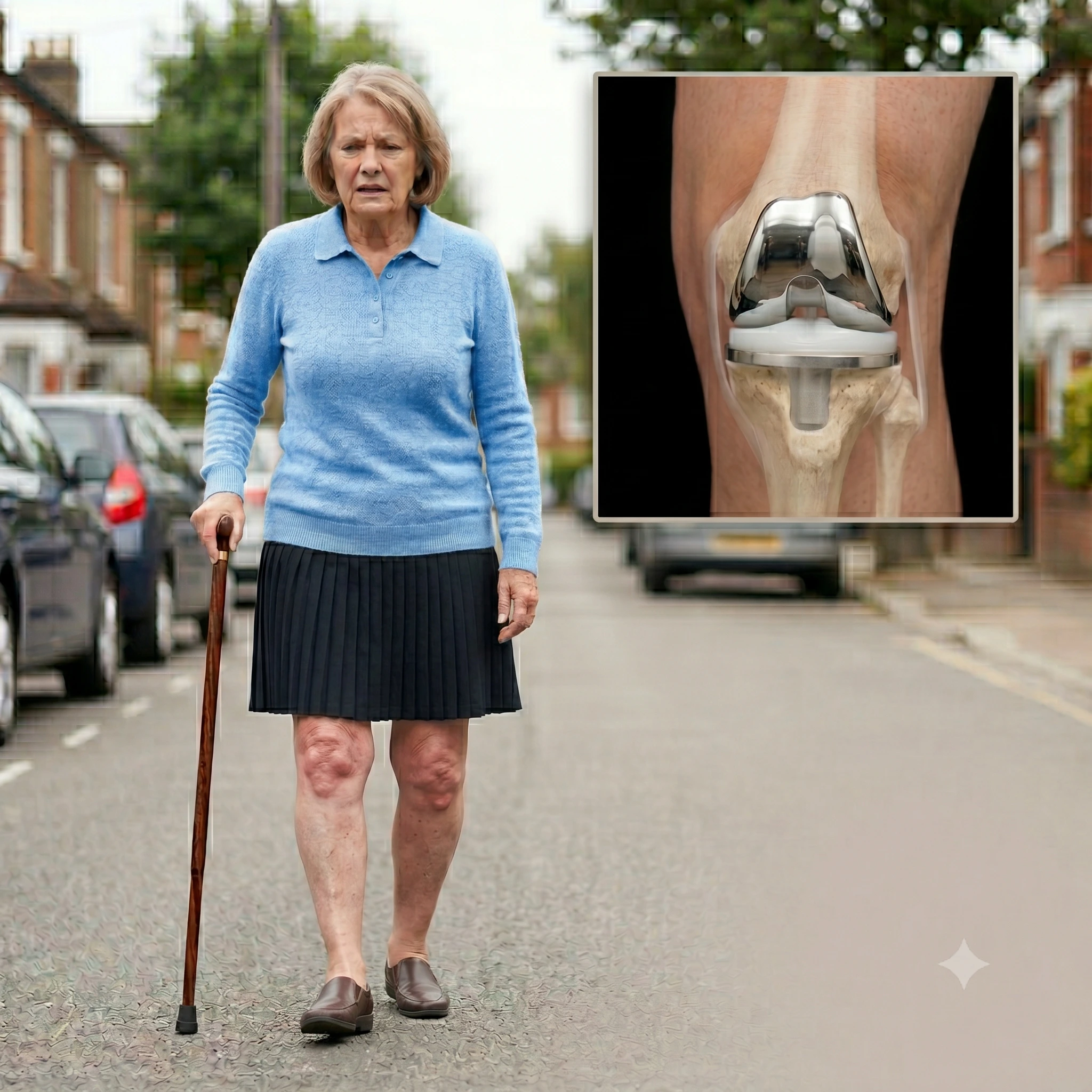 The image shows a patient who had difficulty walking due to hip osteoarthritis and is now walking comfortably after surgery.