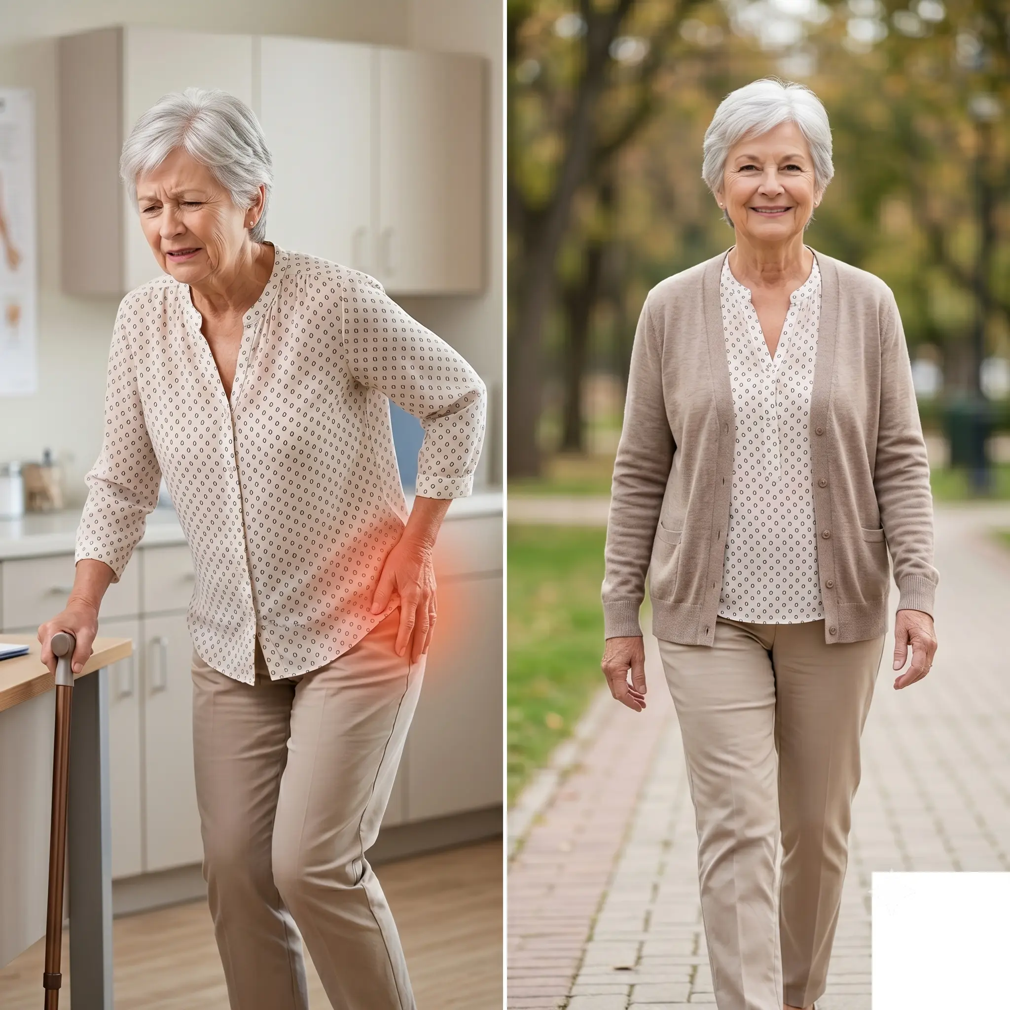 The image shows a patient who had difficulty walking due to hip osteoarthritis and is now walking comfortably after surgery.